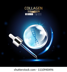 Collagen Serum Drop and Vitamin Background Vector Skin Care Cosmetic.