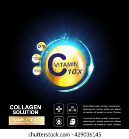 Collagen Serum Drop and Vitamin Background Vector Skin Care Cosmetic.