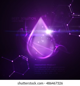 Collagen serum droplet or oil essence with particles and lens flare light effect. Vector beauty illustration of collagen serum. Cosmetic skin care treatment design. Women beauty concept