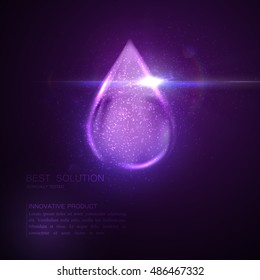 Collagen serum droplet or oil essence with particles and lens flare light effect. Vector beauty illustration of collagen serum. Cosmetic skin care treatment design. Women beauty concept