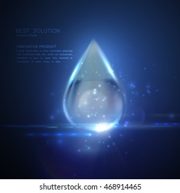 Collagen serum droplet with particles and lens flare light effect. Vector beauty illustration of collagen serum. Cosmetic skin care treatment design