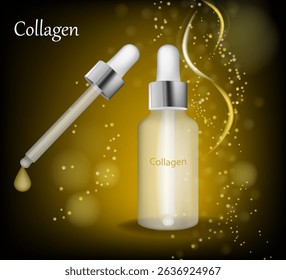 Collagen Serum Dropper Bottle with Golden Sparkle Background. Realistic Skincare Collagen Essence Bottle with Pipette and Glow