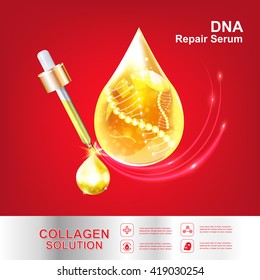 Collagen Serum Essence with DNA Vector Skin Care Cosmetic. Red Background  Vector illustration.