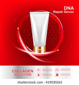 Collagen Serum Essence with DNA Vector Skin Care Cosmetic. Red Background  Vector illustration.