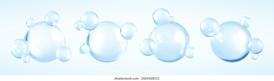 Suero de colágeno o gota de esencia. Burbujas de colágeno azul en suero. Esencia cosmética. Solución de cosméticos para el cuidado de la piel. Ilustración del vector 3d