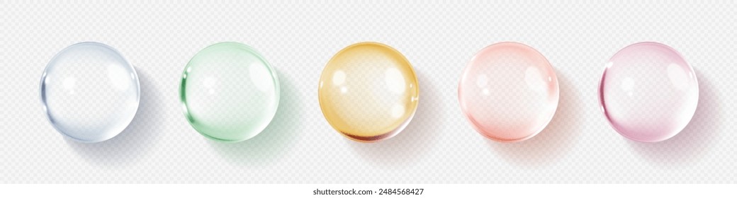 Collagen serum or essence drops. Collagen serum bubbles. Cosmetic essence. Concept skincare cosmetics solution. Vector 3d illustration
