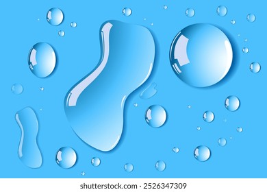 Collagen serum or essence drops with bubbles on a blue background. Skincare cosmetic solution concept. 3D vector illustration.