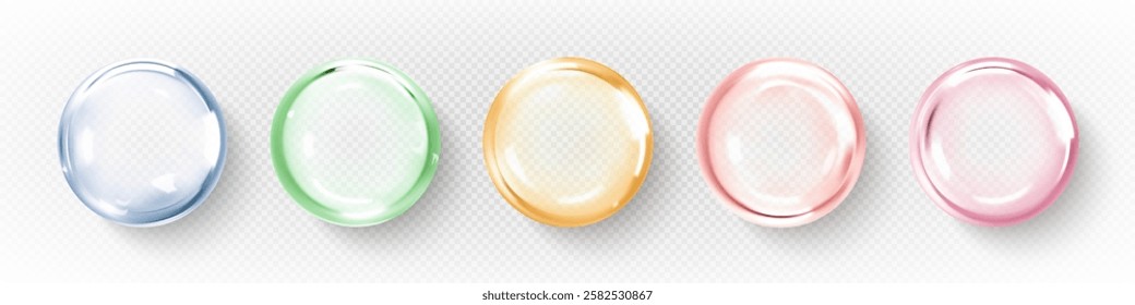 Collagen serum or essence drops. Collagen serum bubbles. Cosmetic essence. Concept skincare cosmetics solution. Vector 3d illustration