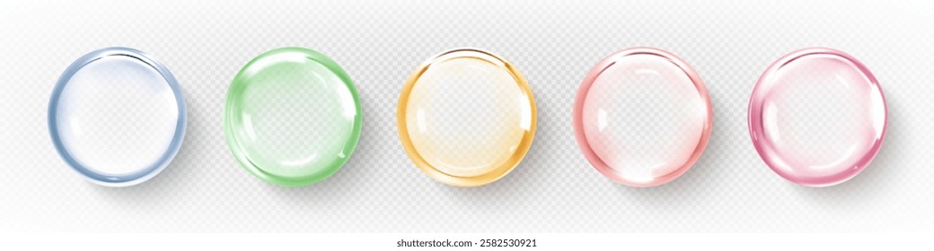 Collagen serum or essence drops. Collagen serum bubbles. Cosmetic essence. Concept skincare cosmetics solution. Vector 3d illustration