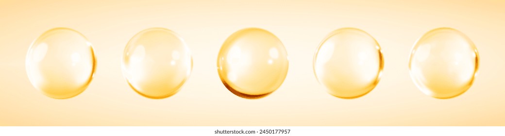 Collagen serum or essence drops isolated on yellow background. Golden collagen serum bubbles. Cosmetic essence. Concept skincare cosmetics solution. Vector illustration