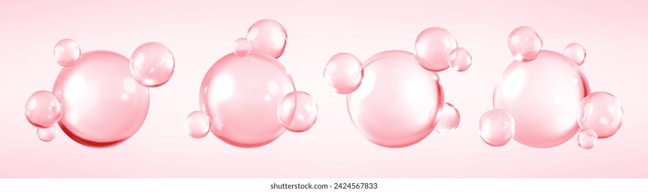 Collagen serum or essence drops. Pink collagen serum bubbles. Cosmetic essence. Concept skincare cosmetics solution. Vector 3d illustration