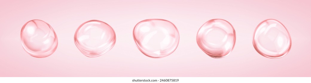 Collagen serum or essence drops. Pink collagen serum bubbles. Cosmetic essence. Concept skincare cosmetics solution. Vector 3d illustration
