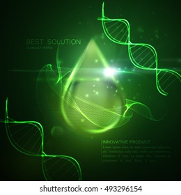 Collagen serum or oil essence droplet with particles, lens flare light effect, DNA strand. Vector beauty illustration of clinically tested innovative product. Cosmetic skin, hair care treatment design