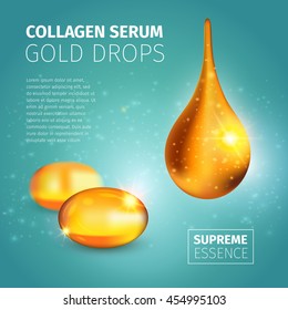 Collagen serum poster with golden oil capsules and illuminated glossy drop on blue spotty background vector illustration