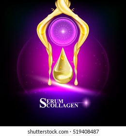 Collagen serum repair wrinkles cream. Background Vector Concept with  gold splash of water and dot in lighting effect