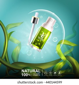 Collagen Serum Seaweed Extract  And Vitamin Underwater Background Concept Skin Care Cosmetic.