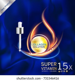Collagen Serum Vector Background Cosmetics Products for Skin that needs Hydration and Relaxation. Helps to Protect the Skin from Sun Exposure by Extracting Vitamins.