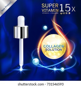 Produtos cosméticos de fundo do vetor do soro do colágeno para a pele que precisa de hidratação e relaxamento. Ajuda a proteger a pele da exposição solar extraindo vitaminas.