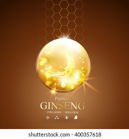 Collagen Serum and Vitamin Background Concept Ginseng Skin Care Cosmetic.