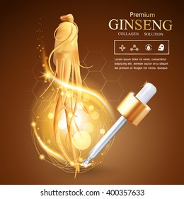 Collagen Serum and Vitamin Background Concept Ginseng Skin Care Cosmetic.