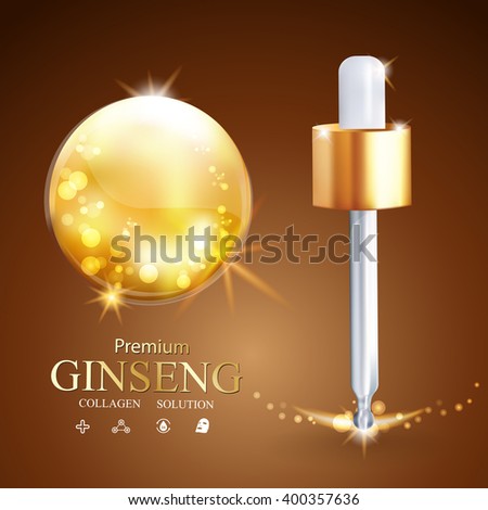 Collagen Serum and Vitamin Background Concept Ginseng Skin Care Cosmetic.