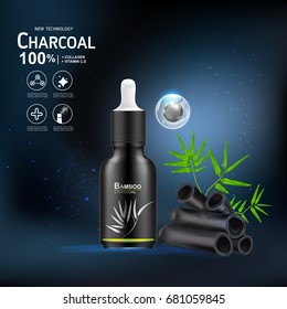 Collagen Serum And Vitamin Extract Charcoal Bamboo Vector Concept Skin Care Cosmetic.