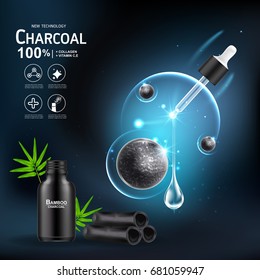 Collagen Serum And Vitamin Extract Charcoal Bamboo Vector Concept Skin Care Cosmetic.