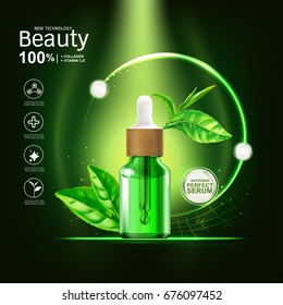 Collagen Serum and Vitamin Extract With Green tea leaf. Background for Skin Care Products.
