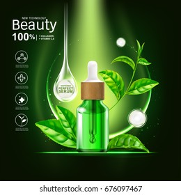 Collagen Serum and Vitamin Extract With Green tea leaf. Background for Skin Care Products.
