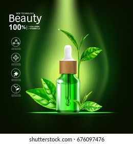 Collagen Serum and Vitamin Extract With Green tea leaf. Background for Skin Care Products.
