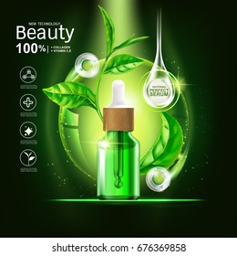 Collagen Serum and Vitamin Extract With Green tea leaf. Background for Skin Care Products.