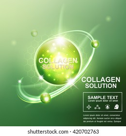 Collagen Serum and Vitamin Green Background Concept Skin Care Cosmetic.