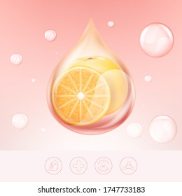 Collagen Serum and Vitamin with Orange Extract Vector Template for Skincare or Cosmetic Products Background.