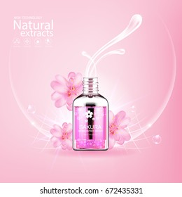 Vector de producto de vitamina colágeno y suero en fondo rosado Tecnología de concepto de belleza para los cosméticos de la piel.