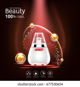 Collagen and Serum Vitamin Vector on Red Background for Skin Care Products.