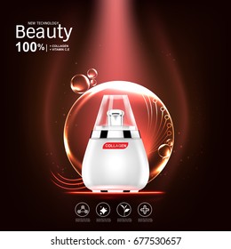 Collagen and Serum Vitamin Vector on Red Background for Skin Care Products.