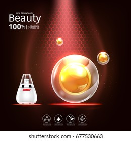 Collagen and Serum Vitamin Vector on Red Background for Skin Care Products.