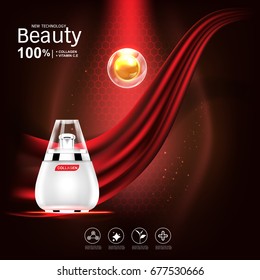 Collagen and Serum Vitamin Vector on Red Background for Skin Care Products.