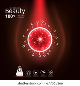 Collagen and Serum Vitamin Vector on Red Background for Skin Care Products.