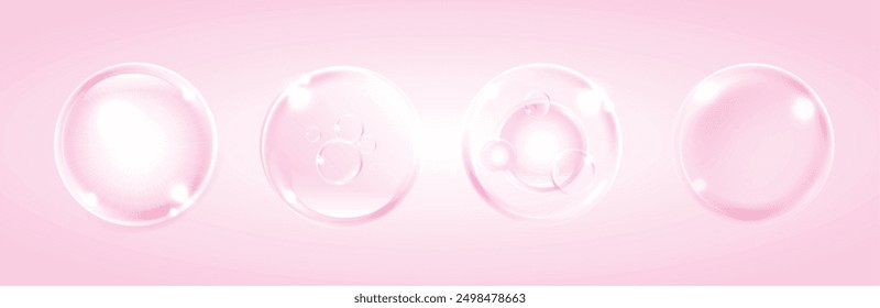 Collagen serum, water drops of liquid on pink background. pink collagen serum bubbles. beauty product, moisture. skin care cosmetic hydration spots solution. vector design.