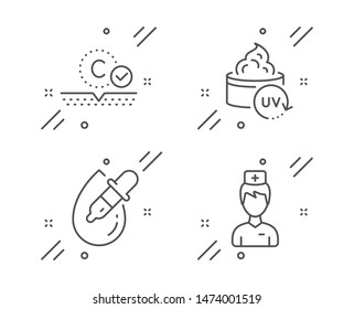 Collagen skin, Eye drops and Uv protection line icons set. Doctor sign. Skin care, Pipette, Medicine person. Healthcare set. Line collagen skin outline icon. Vector