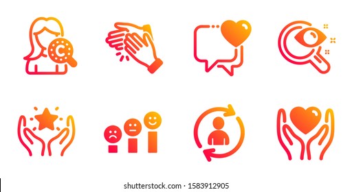 Collagen skin, Heart and Person info line icons set. Customer satisfaction, Ranking and Clapping hands signs. Vision test, Hold heart symbols. Skin care, Love chat. People set. Vector