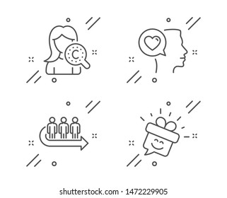 Collagen skin, Romantic talk and Queue line icons set. Smile sign. Skin care, Love chat, People waiting. Gift box. People set. Line collagen skin outline icon. Vector