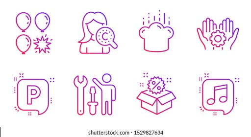 Collagen skin, Sale and Repairman line icons set. Parking, Employee hand and Balloon dart signs. Cooking hat, Musical note symbols. Skin care, Discount. Gradient collagen skin icon. Vector