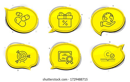Collagen skin sign. Diploma certificate, save planet chat bubbles. Target, Discount offer and Capsule pill line icons set. Targeting, Gift box, Medicine drugs. Skin care. Business set. Vector