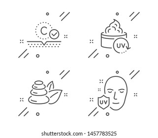 Collagen skin, Spa stones and Uv protection line icons set. Uv protection sign. Skin care, Bath, Ultraviolet. Beauty set. Line collagen skin outline icon. Vector
