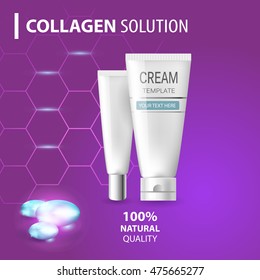 Collagen solution, cosmetic concept with cream plastic bottles and tubes