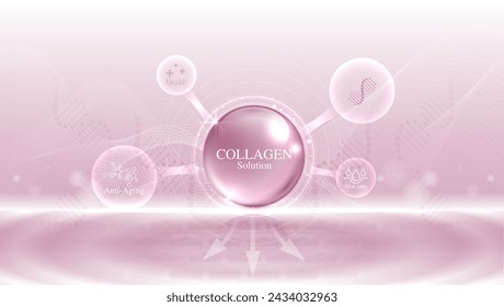 Solución de colágeno y ADN sobre fondo rosa. Complejo de solución vitamínica con fórmula química de la naturaleza. Tratamiento de belleza Nutrición Diseño de cuidado de la piel. Conceptos médicos y científicos. Diseño vectorial.
