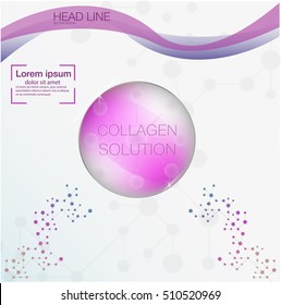 Collagen solution drop, collagen design and vitamin background, molecule and communication dna.