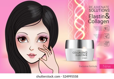Collagen solution intensive cream ads. Vector Illustration with manga style girl and Elastin cream container.